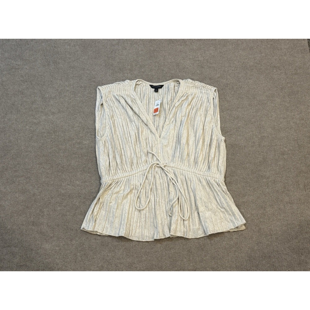 Banana Republic Linen Blend V-neck Top White Beige Stripes Front Tie